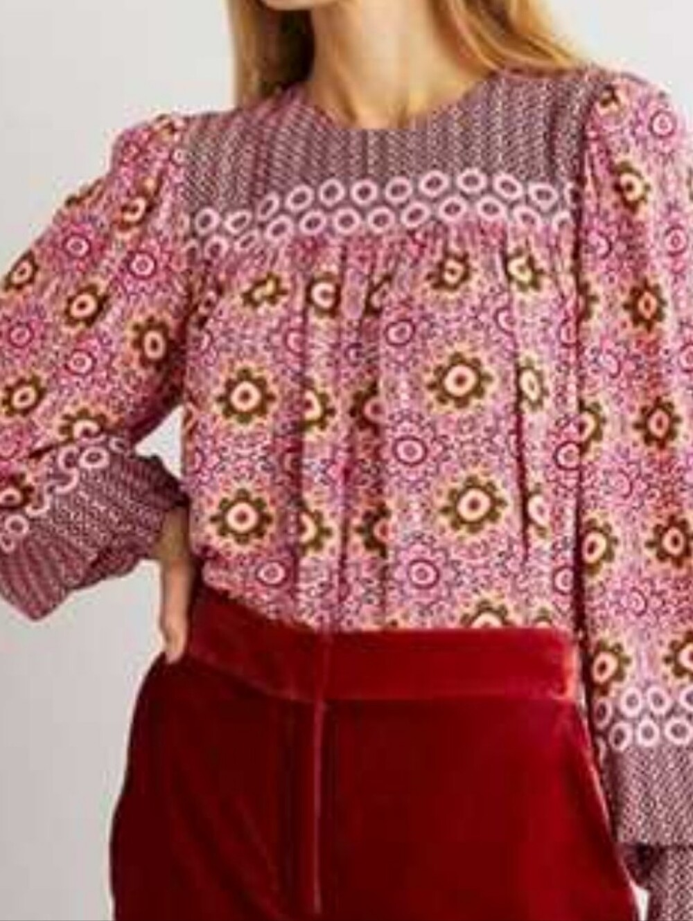 Boden Printed Yoke Detail Blouse Pink Yellow Retro Floral Bishop Sleeve Size 10
